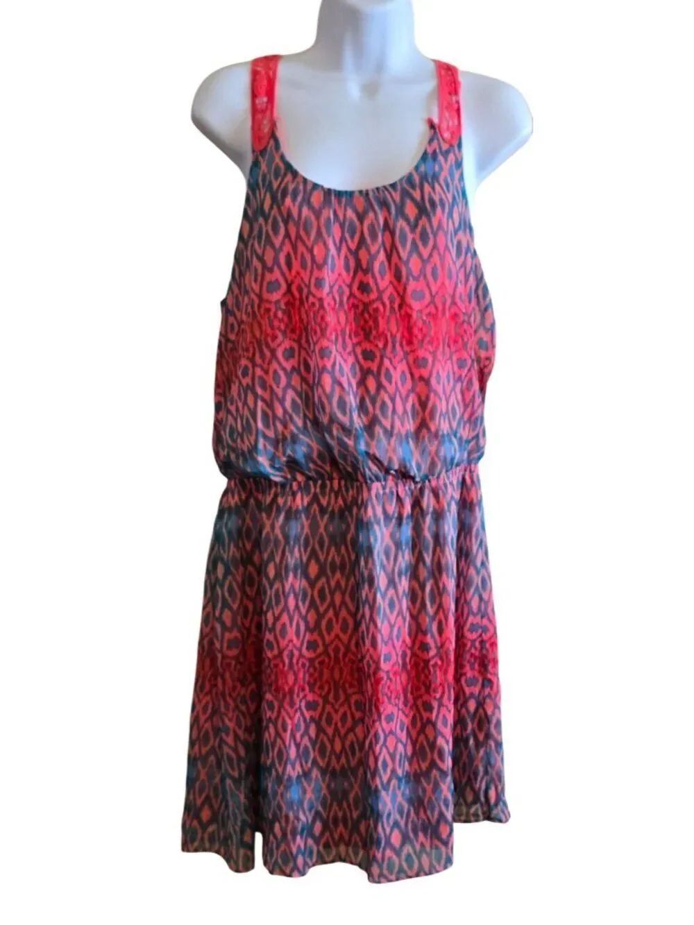 Red & Blue Ikat Print Dress With Lace Back summer beach nautical shower party